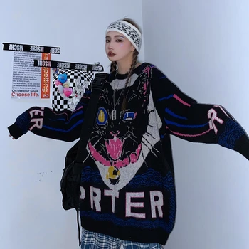 Zimné Nadrozmerné Svetre Ženy Móda Harajuku Dlhý Rukáv O Golier Sveter List Výšivky Retro Streetwear 2021 Hip Hop images