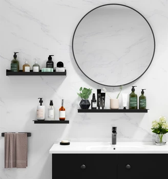 Black Kúpeľňa so Sprchou Polica Multifunkčné Stenu Kúpeľne, Zrkadlo na líčenie Úložný Stojan Plávajúce Polica kúpeľňových doplnkov image