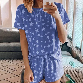 Hviezda Tlač Krásne Ženy Sleepwear Vyhovuje Lete O-Krku Krátke Pyžamo Šortky Žena Mäkké 2020 Voľné Bežné Ženské Domov Oblek images