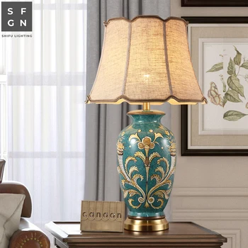 Meď stolná Lampa Americký Štýl pre Obývacia Izba Jingdezhen Keramická Lampa Luxusné Spálne Posteli Zdobené LED Lampa images