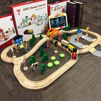 78PCS Drevený Vlak Sledovať Príslušenstvo Hračky Montovať Magnetické Železničný Most Stanice Diecast Auto Drevené Železničné Vzdelávania Logická hračka images