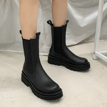 Luxusné značky kolo prst platformu členková obuv pre ženy, slip-on robustný podpätky zime teplé fleece chelsea boots ženy veľká veľkosť 43 images