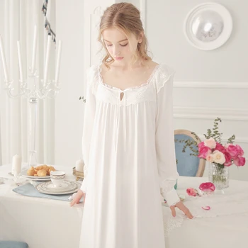 Sladké Čipky Princezná Nightgowns Long-Sleeve Bavlna, Ružové a Biele Nightdress Retro Dlho Sleepwear Elegantná Dáma Spanie Šaty HZL46 images